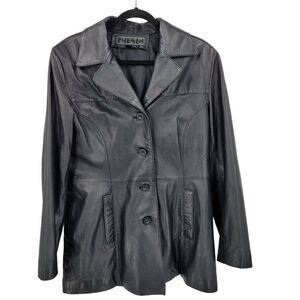 Vintage 80s Leather Jacket L Black Blazer‎ Single Breasted Button Down Sleek